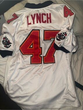Reebok White Buccaneers #47 Lynch Football Jersey with Red and Black Accents